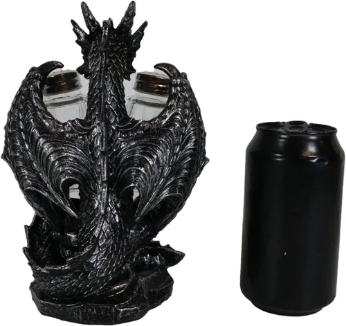Vista 6 de Ebros Gift Juego de salero y pimentero gótico medieval, color negro, semimetálico, negro, estatua de 7.75 pulgadas de alto, figura de dragón