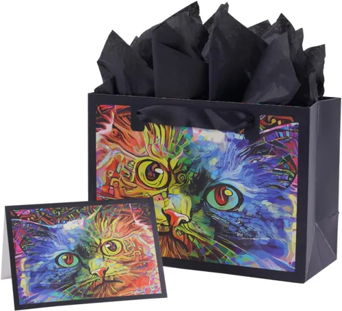 Vista 8 de ysmile Bolsa de regalo negra con bolsa de papel boutique con asa de gran tamaño para mujeres y hombres de 15.7 pulgadas - gato