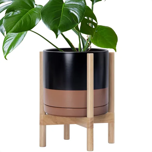 Vista 21 de D'vine Dev Maceta de cerámica con soporte de ébano – Maceta redonda moderna de 8 pulgadas con soporte para maceta de madera, color negro, 55-B-M-2