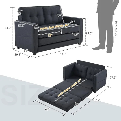 Vista 3 de VINGLI Sofá Cama Loveseat Mejorado, 53.5" An x 83" L Sofá Cama Convertible Sofá Cama Futón Sofás para Sala de Estar, Sofá Cama Plegable