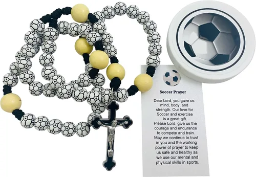 Vista 5 de Westmon Works Juego de cuentas de bola deportiva con rosario de fútbol con estuche protector y tarjeta de oración, collar católico con crucifijo