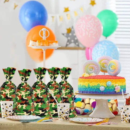 Vista 6 de Lecpeting 100 bolsas de dulces de camuflaje con estampado de camuflaje de celofán, bolsas de dulces de celofán, recuerdos de fiesta del ejército