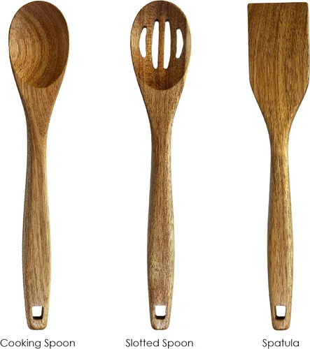 Vista 6 de TB Home Juego de utensilios de cocina de madera de acacia de 3 piezas, juego de utensilios de cocina de madera
