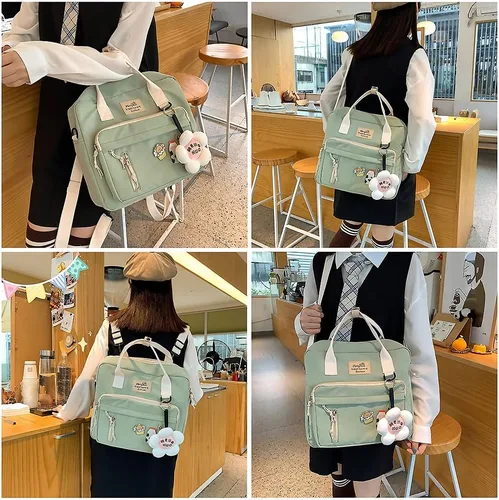 Vista 3 de Mochilas japonesas para niñas adolescentes para la escuela secundaria, mochila Kawaii con alfileres mochila escolar linda mochila estética, Verde