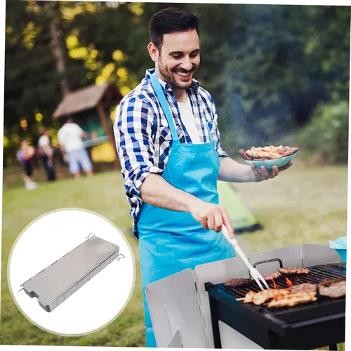 Vista 5 de GANAZONO 1pc Barbacoa Parabrisas Protector Protector de salpicaduras al aire libre Parabrisas al aire libre Aleación de aluminio plateado Utensilios