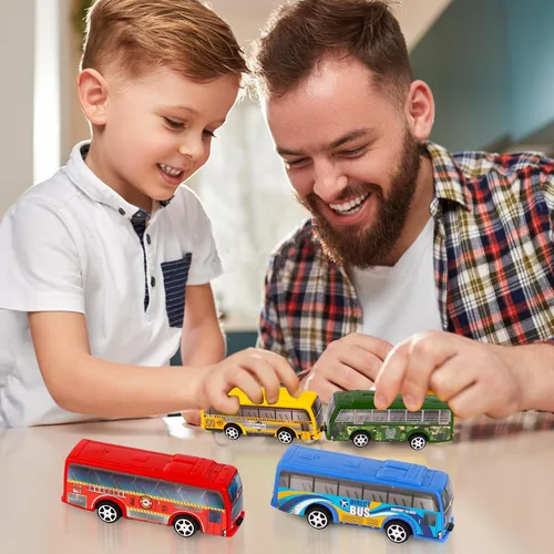 Vista 5 de Juego de 16 piezas de vehículos de autobús urbano con tracción trasera, mini autos para niños pequeños, vehículos de carreras impulsados por