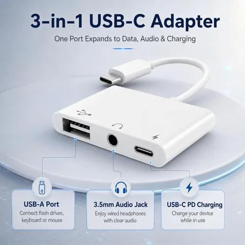 Vista 2 de Adaptador USB C 3 en 1 para iPhone 15 16, adaptador USB C a USB-A OTG con conector para auriculares de 0.1 in y puerto de carga rápida PD, divisor