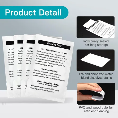 Vista 4 de 100 tarjetas de limpieza para lector de tarjetas de crédito, hojas de limpieza CR80 de doble cara para terminales POS, impresoras y lectores
