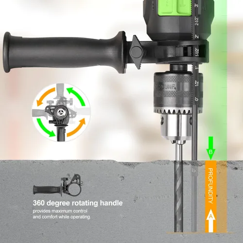 Vista 6 de GALAX PRO Taladro de martillo con cable de 4.5 amperios 0-3000 RPM, 5 brocas, martillo y taladro, 2 funciones en 1 con 12 velocidades variables