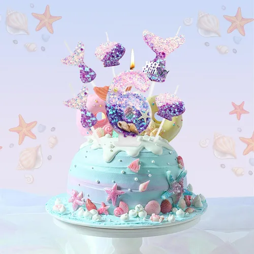 Vista 6 de 6 velas de cumpleaños de 2.5 pulgadas con temática de sirena, 1 vela número 6, 3 velas de cola de sirena, 2 velas de concha para decoración