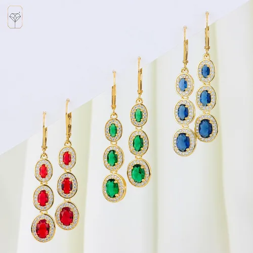 Vista 6 de 925 Sterling Silver with 18k Gold Overlay Oval Dangle Drop Earrings For Women with Simulated Emerald, Ruby, or Sapphire Graduated with Leverback by