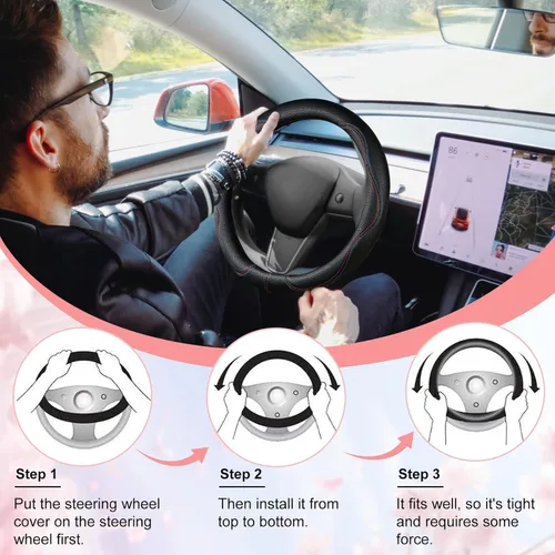Vista 7 de Funda negra para volante de automóvil, antideslizante, transpirable, cómoda, de cuero PU, lindo protector universal, accesorios interiores