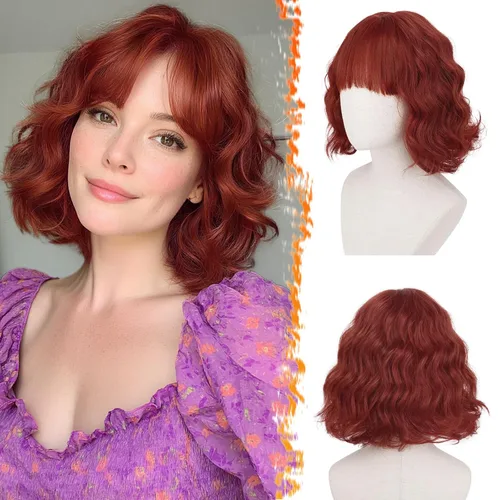 Vista 14 de BARSDAR Peluca corta ondulada con reflejos castaño, peluca corta ondulada con flequillo para mujer, gruesa, suave, sintética, texturizada, rizada