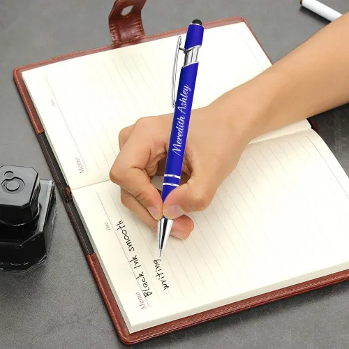 Vista 5 de Aolun Bolígrafos personalizados, bolígrafos con grabado personalizado con lápiz capacitivo, metal suave al tacto, nombre grabado, logotipo o Azul