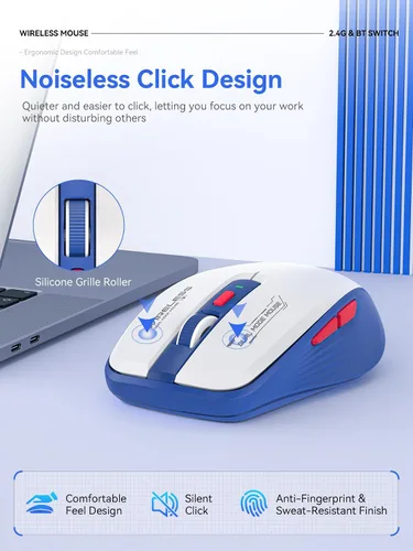 Vista 5 de Ratón inalámbrico azul blanco, Bluetooth de doble modo y 2.4G, botones laterales Receptores USB-A y USB-C Clic silencioso DPI de 4 niveles