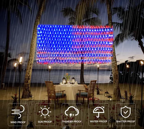 Vista 3 de Luces de bandera estadounidense, 420 luces LED de red de bandera de Estados Unidos, decoraciones del 4 de julio, decoración patriótica impermeable