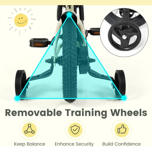 Vista 4 de BABY JOY Bicicleta para niños, bicicleta deportiva de 12 a 18 pulgadas con ruedas de entrenamiento extraíbles, asiento y manubrio ajustables, freno
