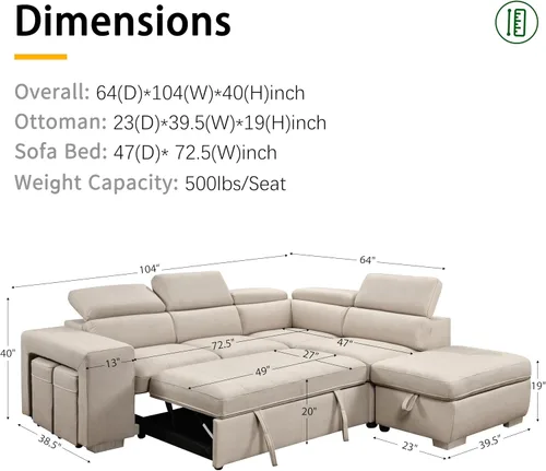 Vista 2 de THSUPER Sofá Seccional Reclinable en Forma de L de Microfibra de 104'', Sofá Cama con Cama Extraíble y Otomana de Almacenamiento, Sofás Convertibles