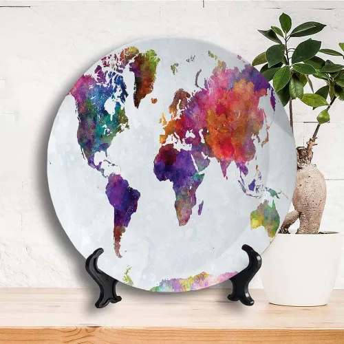 Vista 3 de Platos decorativos, adorno con estampado de acuarela, mapa del mundo dibujado a mano multicolor de Asia, 10 pulgadas, decoración de pared de cocina