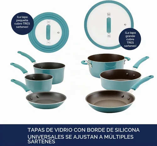 Vista 6 de Rachael Ray Cook + Create - Juego de utensilios de cocina antiadherentes de aluminio, 10 piezas, azul agave