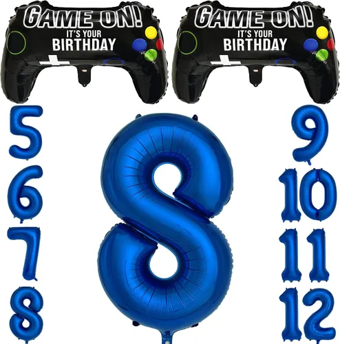 Vista 8 de Suministros de fiesta de videojuegos azul marino para decoración de fiesta de 5º cumpleaños para niños, 2 paquetes de globos de juego con globo azul