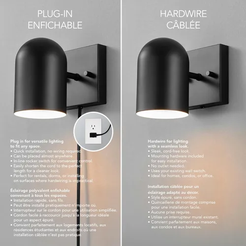 Vista 11 de Globe Electric 65000098 Lámpara de pared de 1 luz enchufable o cableada, negro mate, cable de tela trenzada de 1.8 metros, interruptor basculante