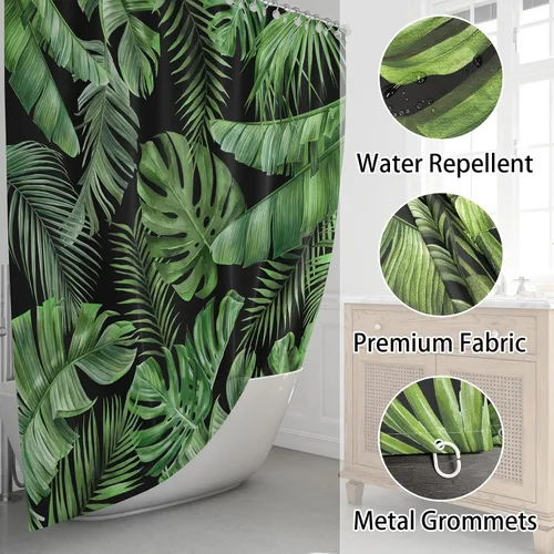 Vista 6 de Cortina de Ducha de Hojas Tropicales, Cortina de Baño Decorativa Verde y Negra con Hojas de Palmera y Plátano, Juegos de Cortinas de Ducha de Tela