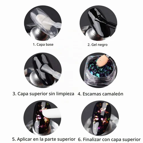 Vista 5 de Juego de copos de uñas de camaleón con purpurina iridiscente, polvo cromado, efecto sirena, 6 frascos (camaleón oscuro)