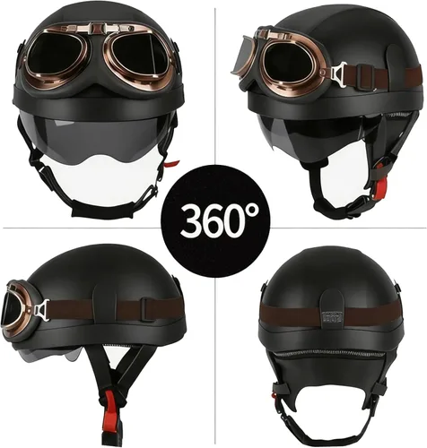 Vista 3 de Casco de motocicleta de estilo alemán, casco de cuero retro, aprobado por el DOT, para adultos, hombres y mujeres, casco de media cara vintage