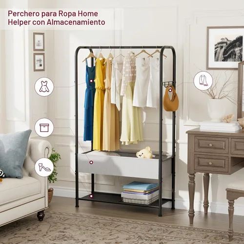 Vista 8 de SINGAYE - Armario de pie con estante para colgar ropa Negro