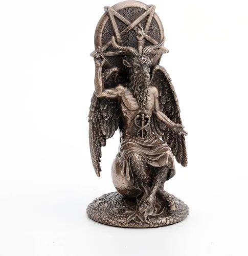 Vista 2 de Veronese Design Baphomet de 8 1/2 pulgadas sentado en el globo caído Wiccan Estatua de resina acabado de bronce