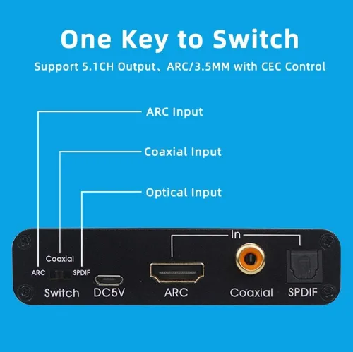 Vista 6 de Convertidor DAC de 192 KHz, convertidor de audio multifunción, adaptador de extractor de audio HDMI ARC, entrada Toslink (óptica) o coaxial o HDMI