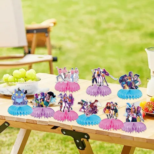 Vista 4 de Suministros para fiesta de cumpleaños de K Pop Demonio, 9 centros de mesa de panal para decoraciones de Toy K Pop Demonio, decoraciones de mesa