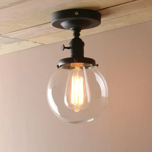 Vista 8 de lámpara de techo estilo industrial antiguo de 5.9 pulgadas con panel de montaje con bola de cristal transparente, negro, 60.00watts, 120.00 volts