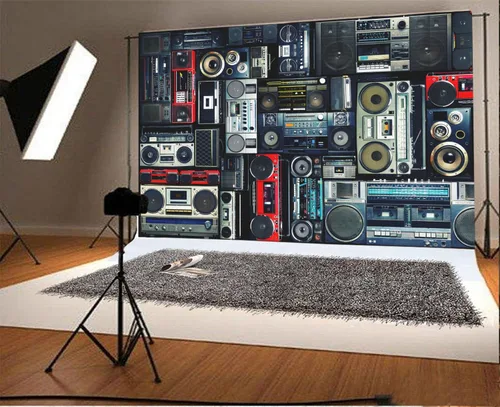 Vista 2 de AOFOTO Fondo de pared vintage de 5 x 3 pies de estilo retro de los años 80, amplificador nostálgico antiguo de música, audio antiguo, altavoz bajo