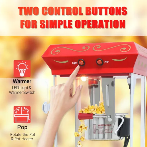 Vista 6 de Máquina para hacer palomitas de maíz, carrito profesional con hervidor de 6 onzas para hasta 25 tazas, máquina comercial vintage de acero Rojo