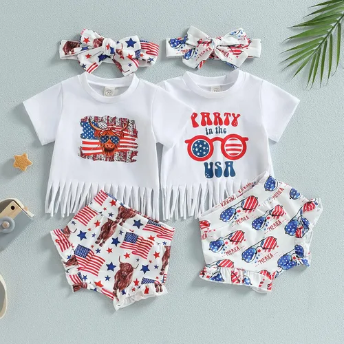 Vista 8 de 4 de Julio Bebé Niña Ropa de Verano Traje de Arco Iris Camiseta de Bebé Americano Conjunto de Pantalones Cortos
