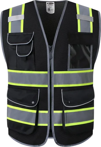 Vista 51 de JKSafety Chaleco de seguridad frontal con cremallera de alta visibilidad Clase 2 de 9 bolsillos con tiras reflectantes, cumple con las normas