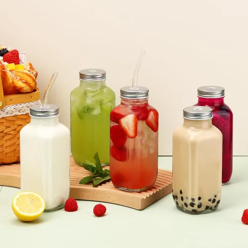 Vista 5 de CUCUMI 5 botellas de jugo de vidrio de 16 onzas con tapas, recipientes reutilizables para jugo, tarros de agua con cepillo, popotes de vidrio, tapas