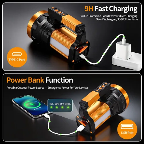 Vista 4 de Foco recargable de 30600 mAh, linterna de 2400 lm, de larga duración, 100 horas, foco de mano IP67, luces de foco impermeables con 6 modos de luz