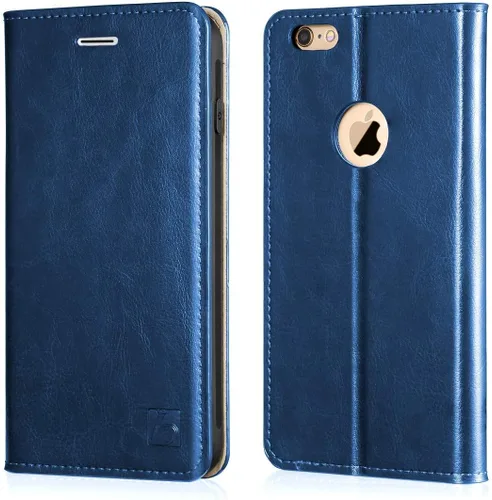 Vista 48 de Belemay Funda tipo cartera compatible con iPhone 8 Plus, de piel de vaca auténtica, funda tipo folio (funda interior de TPU suave), ranuras