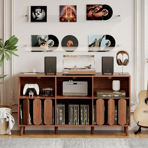 Vista 6 de Soporte grande para tocadiscos, mesa de tocadiscos, soporte de almacenamiento de discos de vinilo, organizador de armarios con toma de corriente