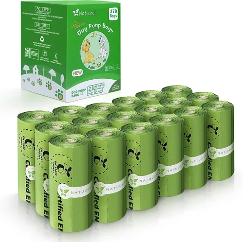 Vista 8 de Bolsas compostables certificadas para excremento de perro, 270 bolsas de 18 rollos, bolsas para excrementos para perros hechas de almidón de maíz