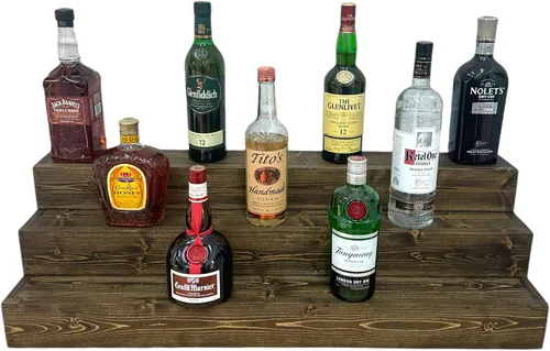 Vista 9 de Estantería de exhibición escalonada hecha a mano, exhibición de barra de tres niveles, organizador de barra, exhibición de botellas de licor
