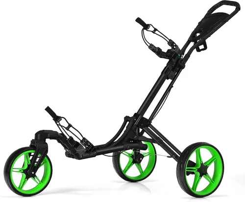 Vista 9 de Tangkula Carrito de golf con rueda delantera giratoria de 360°, carrito de golf plegable de aluminio de 3 ruedas, carrito de golf con correa