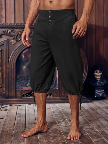 Vista 2 de Gafeng Pantalones piratas renacentistas medievales para hombre, disfraz colonial de caballero para Halloween, pantalones cortos con cordones LARP