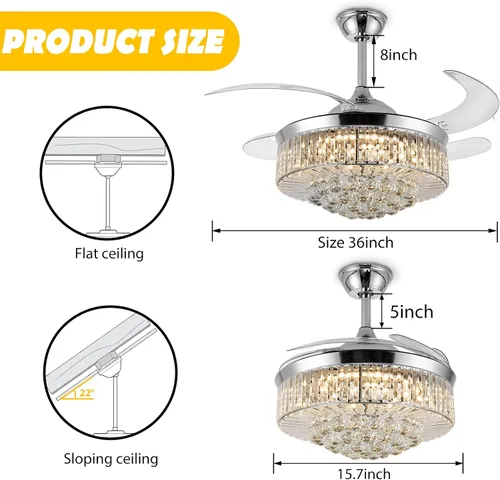 Vista 2 de Ventilador de techo invisible de 36", lámpara de araña de cristal moderna con control remoto, 4 aspas retráctiles de ABS para dormitorio, sala