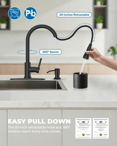 Vista 3 de WEWE Grifo de cocina con dispensador de jabón y rociador extraíble, grifo clásico de acero inoxidable de 3 modos para autocaravana, negro mate