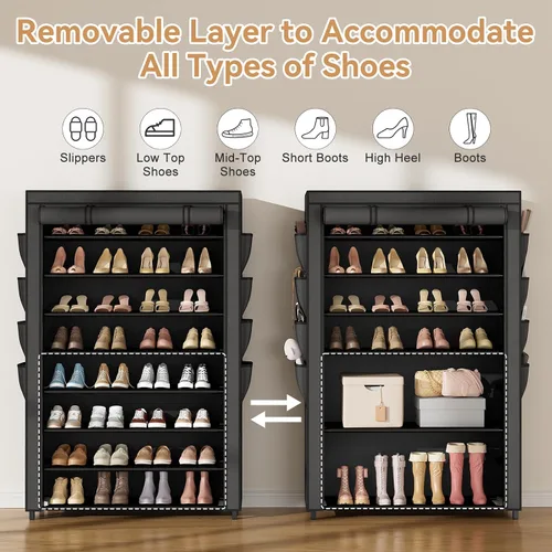 Vista 6 de Zapatero con Cubierta, Organizador de Zapatos de 8 Niveles Alto para 36-45 Pares de Zapatos y Botas, Gran Estante de Almacenamiento de Zapatos