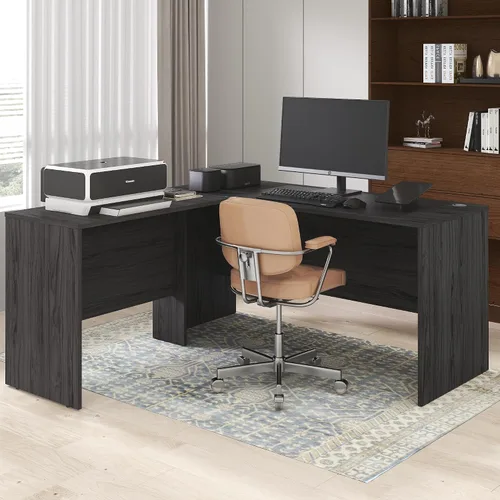 Vista 18 de Furinno Roger 60 Inch Executive Desk with File Cabinet, Home Office Desk with 3-Drawer Fixed Pedestal Filing Cabinet, Desk Cord Grommet, for Home